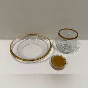 Vintage Gold Rim Glass Votive & Plate with Tea Light Candle.